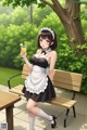 A woman in a maid outfit holding a glass of orange juice.